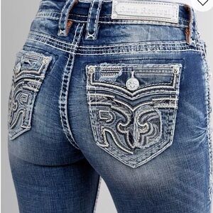 Rock Revival Dark Blue Boot Cut Jeans with Embellished Pockets